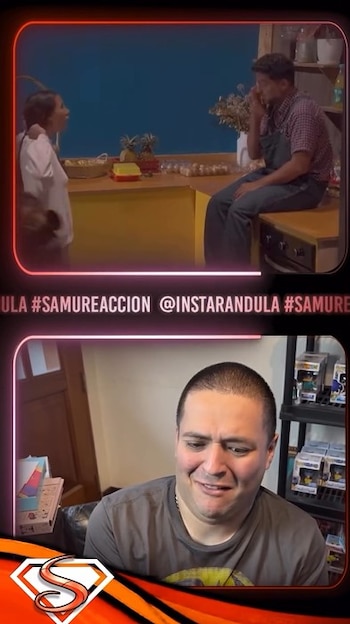 Imagen dividida: arriba, una mujer y un hombre en un set de cocina; abajo, el rostro de un hombre con expresión de disgusto, con figuras coleccionables al fondo