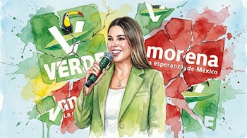 Ilustración en acuarela de mujer con blazer verde sonriendo y micrófono. Fragmentos rojos de Morena y verdes de Partido Verde Ecologista en el fondo azul.