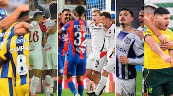 Composición de seis paneles verticales con jugadores con camisetas de diferentes equipos abrazados y celebrando en el campo de juego.