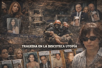 Varias personas con fotografías de víctimas, bomberos cargando un cuerpo, edificio quemado, barrera policial y el texto "Tragedia en la Discoteca Utopía".