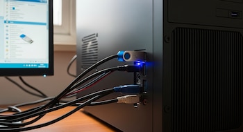 Primer plano de una memoria USB azul y plateada conectada a una computadora de escritorio negra. Múltiples cables de conexión y parte de un monitor visible.