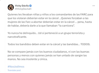 La periodista Vicky Dávila se despachó contra Sandra Ramírez enlistando los delitos de las extintas Farc - crédito @VickyDavilaH/X