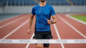 Plano medio de un deportista con camiseta azul que corre por una pista atlética hacia una cinta de llegada blanca.