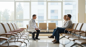 Un médico sentado de perfil frente a una pareja en una sala de espera de hospital moderna con grandes ventanales y mucha luz natural, flanqueados por filas de sillas.