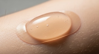 Imagen de un parche de gel ovalado y semi-transparente de color miel claro con burbujas internas, adherido a piel de tono claro.