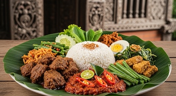 Un plato Nasi Padang con arroz, rendang, sambal rojo, frijoles verdes, tempeh, pepino, lechuga y huevo, sobre hoja de plátano y mesa de madera.