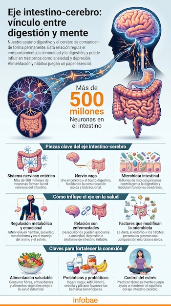 Infografía que ilustra el eje intestino-cerebro. Muestra la conexión entre el cerebro y el sistema digestivo, con neuronas, microbiota, alimentos y una persona meditando.