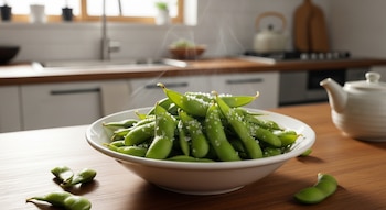 Primer plano de un tazón blanco lleno de edamame verde humeante y cubierto de sal gruesa sobre una encimera de madera, con el fondo de una cocina.