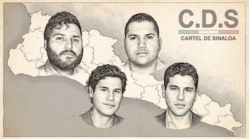 Ilustración tipo hedcut muestra cuatro retratos de hombres sobre un mapa de Sinaloa, México, con el logo "C.D.S Cartel de Sinaloa" y barra tricolor.
