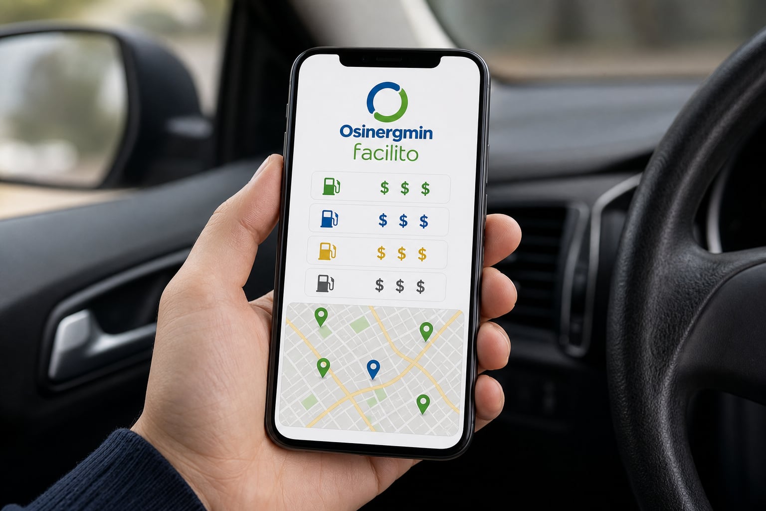 Un usuario consulta los precios de combustible y estaciones cercanas mediante la aplicación Facilito de Osinergmin desde un automóvil. (Imagen Ilustrativa Infobae)