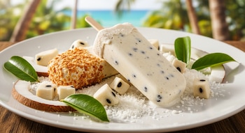 Paletas de guanábana y coco en plato blanco con coco rallado, trozos de fruta y hojas verdes. Fondo borroso de playa tropical.