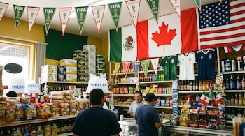 Interior de una tienda de abarrotes con banderas de México, Canadá, Estados Unidos y banderines FIFA. Estantes con productos y personas comprando.