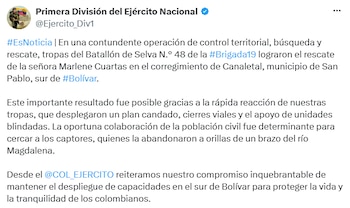 El Ejército informó sobre el operativo desplegado para localizar a Marlene Cuartas tras su secuestro. - crédito @Ejercito_Div1/X