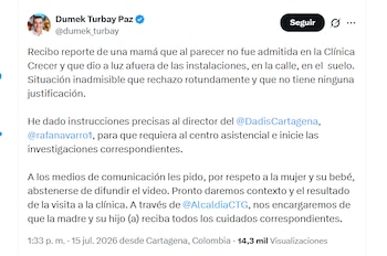 El aclalde Dumek Turbay Paz pidió que se investigue el caso de la mujer que dio a luz al frente de una clínica - crédito @dumek_turbay/X