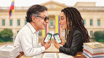 Ilustración acuarela de Gustavo Petro y Francia Márquez sonriendo, cada uno sosteniendo un teléfono con un chat abierto, con la Casa de Nariño de fondo y documentos.
