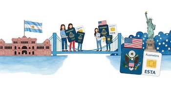 Ilustración acuarela de un puente uniendo la Casa Rosada con la bandera argentina y la Estatua de la Libertad con fondo estrellado de EE.UU. Personas portan pasaportes y documentos ESTA.