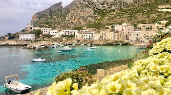 Pueblo con casas blancas y techos planos en una montaña rocosa, bahía de aguas turquesas con barcos de recreo, y flores amarillas en primer plano.