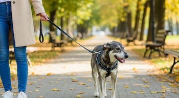Mano femenina con abrigo beige y jeans sujeta correa de perro gris con arnés en sendero de parque con bancos y hojas caídas.