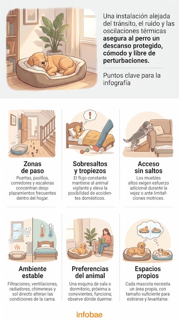 Infografía con seis ilustraciones y textos explicativos sobre la colocación de la cama para perros en distintos espacios interiores.