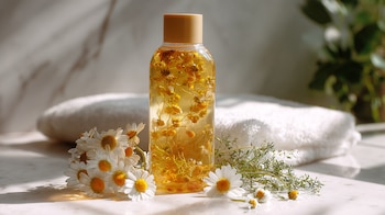 Shampoo natural de manzanilla, cuidado capilar, extractos herbales, aroma relajante, cosmética ecológica, botella. - (Imagen Ilustrativa Infobae)