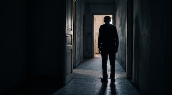Silueta de espaldas de un hombre de pie en un pasillo oscuro frente a una puerta abierta iluminada.
