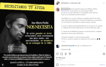 Imagen en blanco y negro del actor José Alberto Patiño mirando hacia la derecha, con texto en español solicitando ayuda sobre fondo amarillo y negro