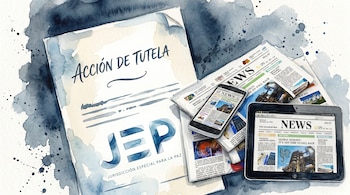 Documento con los textos Acción de Tutela y JEP Jurisdicción Especial para la Paz, periódicos impresos, un teléfono móvil y una tableta con pantallas de noticias.