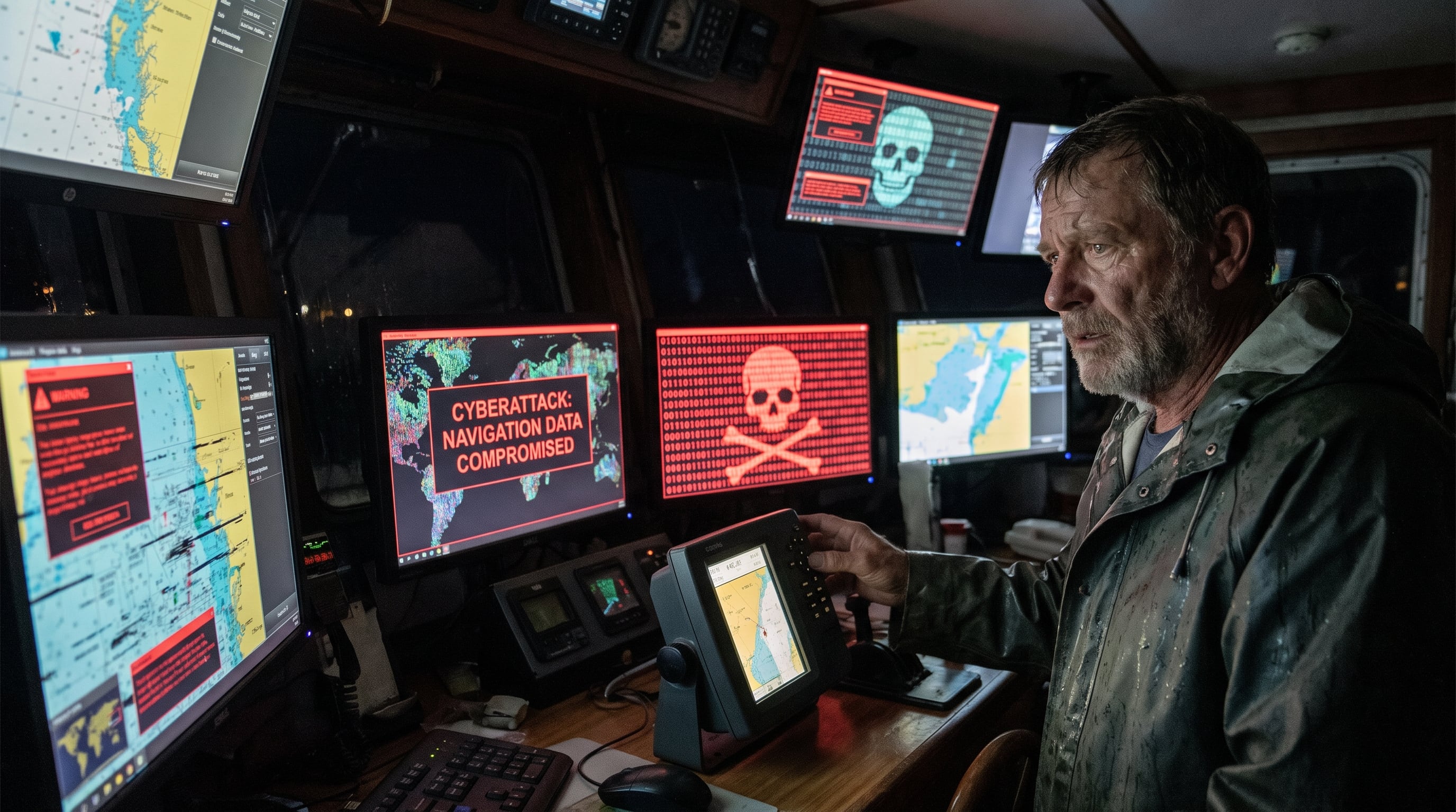 Un capitán analiza pantallas con alertas de ciberataque que comprometen los datos de navegación y posición de su buque pesquero, visible desde el puente de mando. (Imagen Ilustrativa Infobae)