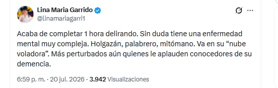 La excongresista Lina María Garrido criticó el largo discurso del presidente Petro - crédito @linamariagarri1/X