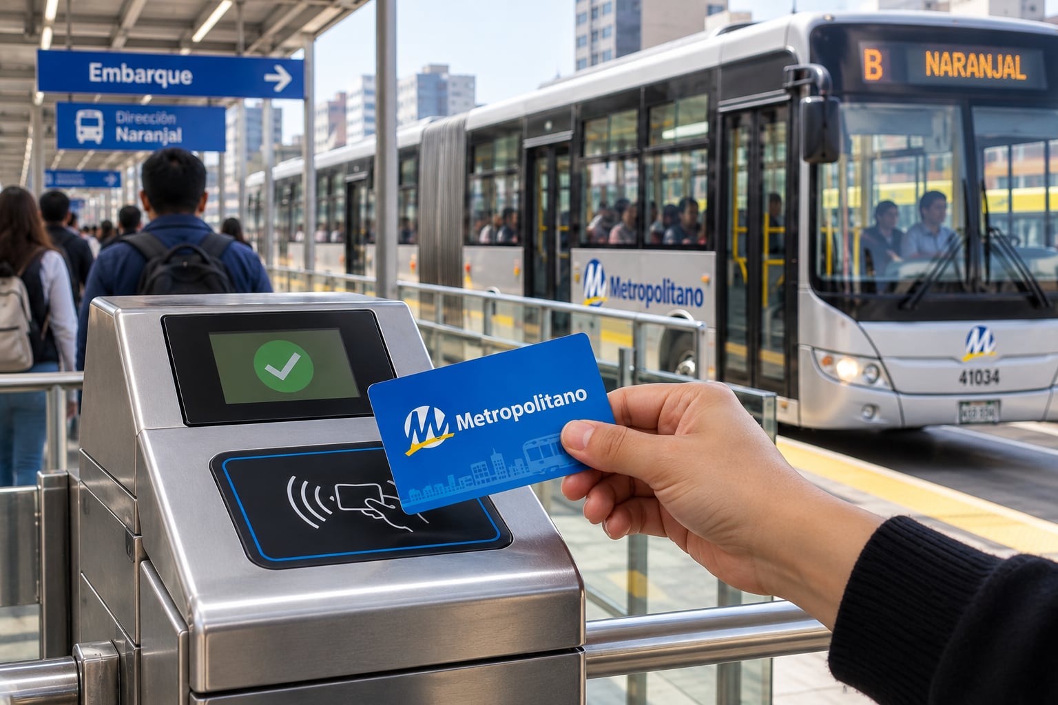Una persona acerca una tarjeta de pasaje al lector electrónico de un molinete en una estación del autobús Metropolitano. (Imagen Ilustrativa Infobae)