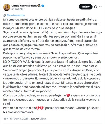 Captura de pantalla de un tuit de Cinzia Francischiello. Incluye su foto de perfil, nombre de usuario y un texto extenso. Muestra la fecha y el número de visualizaciones