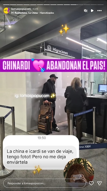 Captura de pantalla con un cartel sobre migraciones, una persona con equipaje y un cuadro de diálogo de mensaje impreso