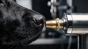 El hocico de un perro negro frente a una boquilla metálica dorada y plateada de un dispositivo científico.