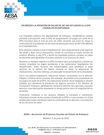 Aesa advirtió que podrían adoptarse medidas que afecten algunos servicios, aunque se garantizarían las atenciones de urgencia y aquellas indispensables para proteger la vida de los pacientes - crédito Aesa