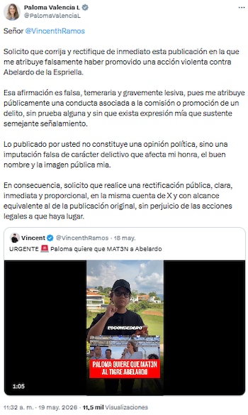 Paloma Valencia exigió rectificación a Vincenth Ramos tras señalamientos sobre amenazas contra Abelardo de la Espriella - crédito @PalomaValenciaL/X