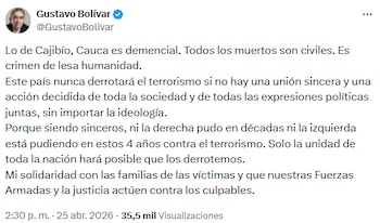 Gustavo Bolívar pidió unidad nacional tras atentado contra civiles en Cauca - crédito @GustavoBolivar/X