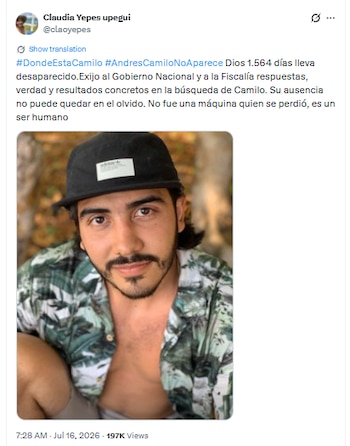 Claudia Yepes, madre de Andrés Camilo Upegui, pidió ayuda hasta el último momento a las autoridades para encontrar con vida a su hijo - crédito @claoyepes/X
