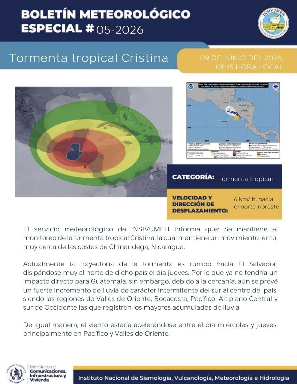 El Instituto Nacional de Sismología, Vulcanología, Meteorología e Hidrología (INSIVUMEH) emite un boletín especial sobre la Tormenta Tropical Cristina, alertando sobre lluvias intermitentes y vientos en varias regiones de Guatemala. (Conred Guatemala)