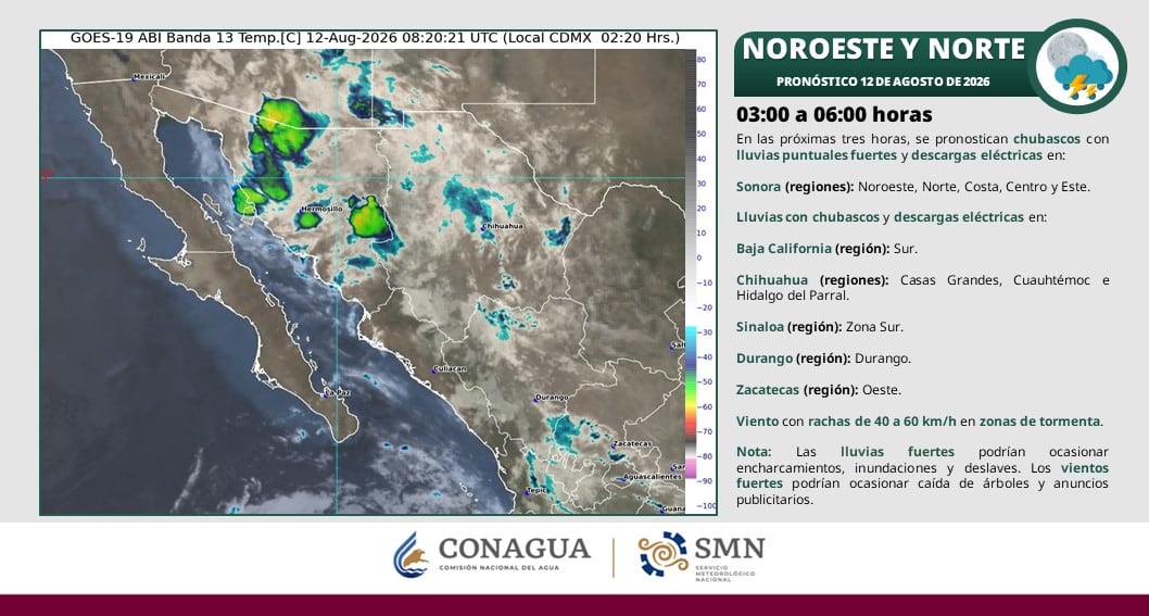 El Servicio Meteorológico Nacional (SMN) pronostica chubascos con lluvias puntuales fuertes y descargas eléctricas para el noroeste y norte de México el 12 de agosto de 2026, entre las 03:00 y las 06:00 horas. (X: Conagua Clima)