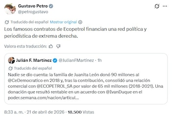 Las declaraciones en redes sociales, incluyendo las del presidente Gustavo Petro, han dado relevancia nacional a una discusión sobre financiamiento, vínculos empresariales y posibles efectos en la línea editorial periodística - crédito captura de pantalla / Gustavo Petro / X