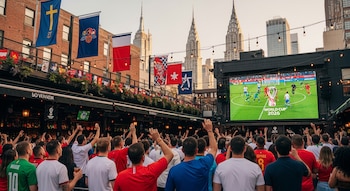 Multitud de personas con los brazos levantados viendo un partido de fútbol en una pantalla grande al aire libre, con banderas y edificios de Nueva York al fondo.