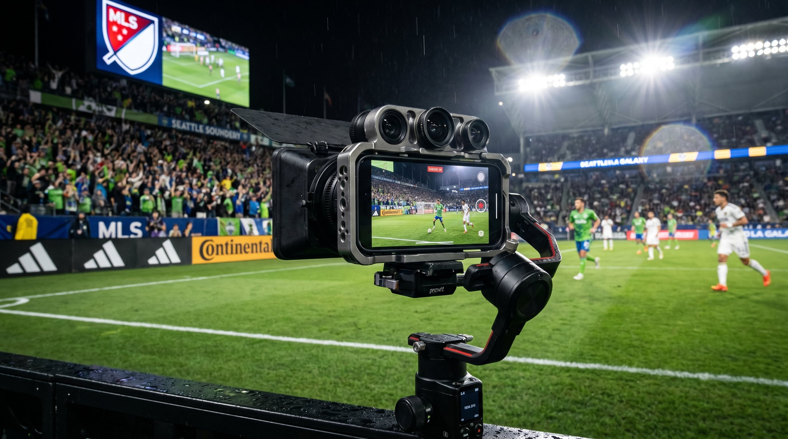 Un iPhone 17 Pro, montado en un estabilizador profesional, capta la acción de un partido de la MLS desde el borde del campo en un estadio lleno con iluminación nocturna y estilo hiperrealista. (Imagen Ilustrativa Infobae)