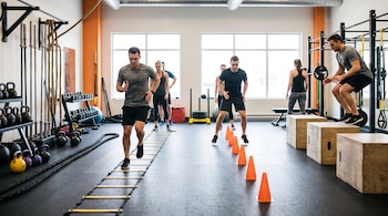 Varias personas entrenan en un gimnasio utilizando una escalera en el suelo, conos naranjas y cajones de madera.