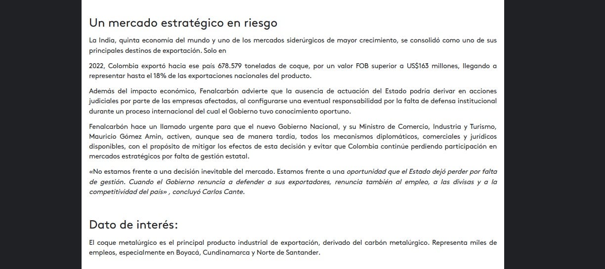 Fenalcarbón asegura que India era uno de los mercados estratégicos para el coque colombiano por la demanda de su industria siderúrgica-crédito Fenalcarbón
