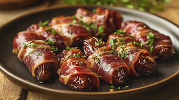 Tapas españolas, bocadillos dulces, dátiles rellenos de jamón serrano, aperitivo salado, receta fácil con embutidos. - (Imagen Ilustrativa Infobae)