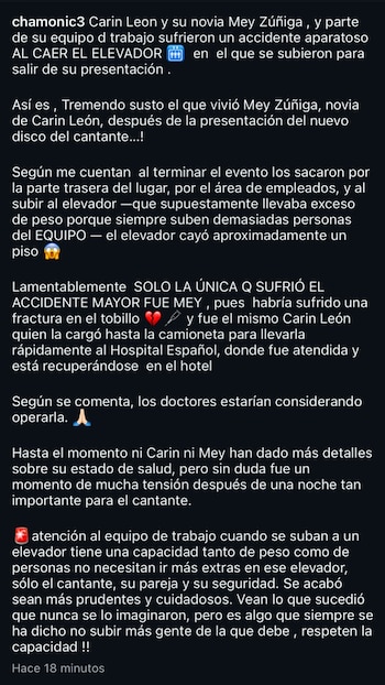 Chamonic informó que el elevador utilizado por el equipo y el cantante cayó aproximadamente un piso por sobrepeso. - (Instagram/@chamonic3)