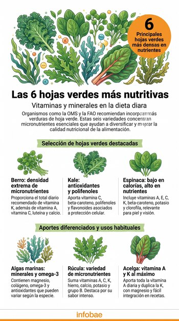 Ilustraciones de berro, kale, espinaca, algas marinas, rúcula y acelga dispuestas con textos informativos y el logotipo de Infobae.