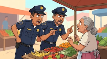 Dos hombres con uniforme policial confrontan a una mujer mayor detrás de un puesto de mercado con frutas y verduras.