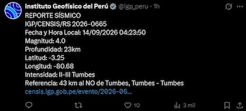 Sismos en Perú EN VIVO: temblor de magnitud 4.0 se registró en Tumbes este lunes 14 de septiembre. Captura: IGP.