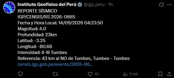 Sismos en Perú EN VIVO: temblor de magnitud 4.0 se registró en Tumbes este lunes 14 de septiembre. Captura: IGP.
